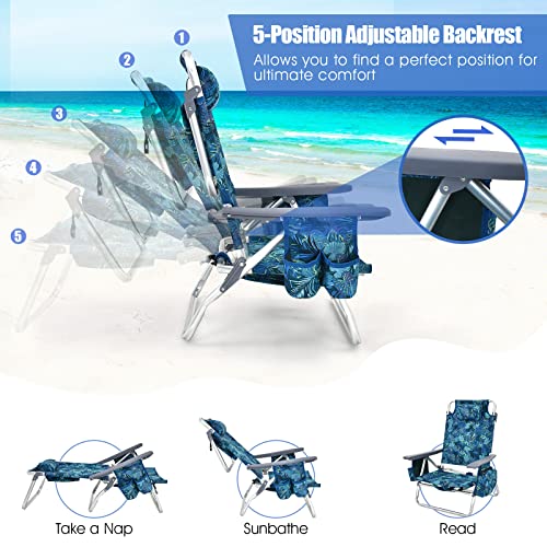 Tangkula Backpack Beach Chair with Table, 5-Position Lay Flat Lightweight Low Folding Beach Chairs with Cooler Bag, 2 Cup Holders, Towel Bar, Backpack Straps - color: Navy, style: 2 Pack with Table