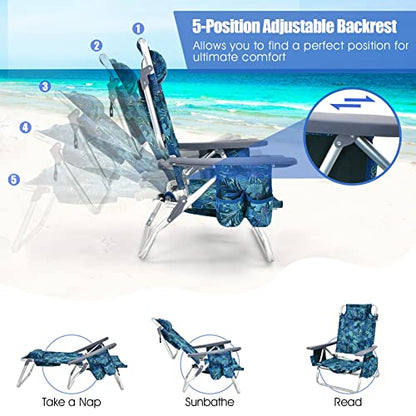 Tangkula Backpack Beach Chair with Table, 5-Position Lay Flat Lightweight Low Folding Beach Chairs with Cooler Bag, 2 Cup Holders, Towel Bar, Backpack Straps - color: Navy, style: 2 Pack with Table