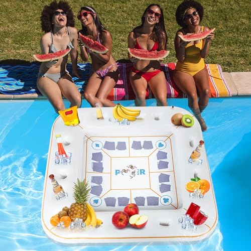 Elcoho 55 x 55 Inch Extra Large Inflatable Game Table with Waterproof Playing Cards Floating Pool Table Drink Holder Inflatable Ice Serving Tray Buffet Bar for Pool Summer Party, White - color: White