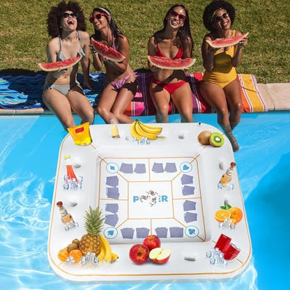 Elcoho 55 x 55 Inch Extra Large Inflatable Game Table with Waterproof Playing Cards Floating Pool Table Drink Holder Inflatable Ice Serving Tray Buffet Bar for Pool Summer Party, White - color: White