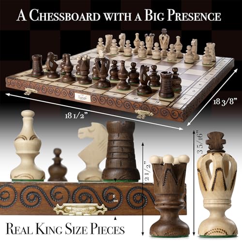 Wegiel Grand Royal Wooden Chess Set for Adults and Kids - 18 Inch Luxury Chess Set, Handcrafted from Premium Beech and Birch Wood - Unique Folding Design with Storage - color: Grand Royal