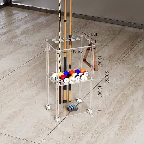 Sumerflos Acrylic Pool Stick Holder with Casters - Hold 10 Cues & 16 Balls Clear Pool Cue Rack for Billiard Game Room Portable