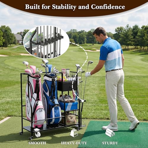 Faesun Golf Bag Organizer for Garage, Golf Bag Storage Rack with 6 Club Slots, Golf Club Organizer with Fabric Drawer & Wheels, Golf Storage Organizer Holds 2 Bags, Golf Rack Storage System