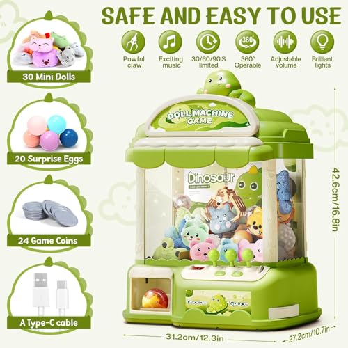 Large Claw Machine for Kids, Musical Electronic Arcade Game Console with Adjustable Sound, Christmas and Birthday Gift for Kids, Includes 30 Toys & 24 Game Coins & 20 Surprise Eggs - color: Green