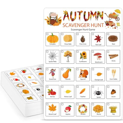 Hoolerry 30 Pcs Scavenger Hunt for Kids Road Trip Game Car Spring Summer Wedding Scavenger Hunt Cards Travel Activities Camping Games Outdoor Indoor Seek Activity for Kids Adults (Autumn) - style: Autumn