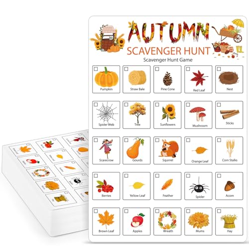 Hoolerry 30 Pcs Scavenger Hunt for Kids Road Trip Game Car Spring Summer Wedding Scavenger Hunt Cards Travel Activities Camping Games Outdoor Indoor Seek Activity for Kids Adults (Autumn) - style: Autumn