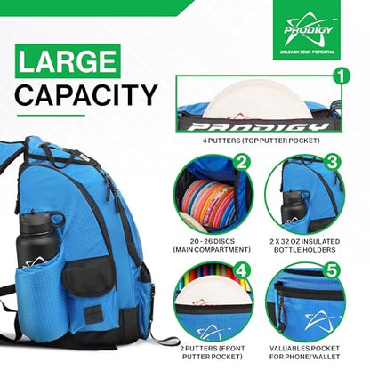 Prodigy Disc BP-1 V3 Disc Golf Backpack | Backpack Storage with 30+ Disc Capacity | Disc Golf Backpack Bag | Tear & Water Resistant | Golf Accessories for Men | Large Golf Disc Bags - color: Blue