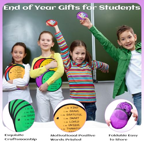 End of the Year Gifts for Students Bulk Foldable Flying Disc Fans Set with Stickers Bags, End of Year Student Gifts from Teacher Beach Fun Folding Pocket Hand Fans for Outdoor Activities Games - style: 24 Pcs Inspirational Flying Disc Fans-A