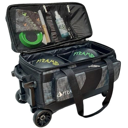 Pyramid Deluxe Double Roller 2 Ball Bowling Bag with Large Separate Shoe Compartment (Up To 2 Pairs Of Shoes) and Accessory Pockets, Sturdy Square Handle - Extends to 40" - Pro Options Available - color: Pro Black/Circuit Grey