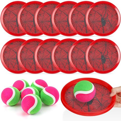 Arrowbash 12 Pcs Toss and Catch Ball Game for Kids, 12 Paddles and 6 Sticky Balls, Toddler Baseball Glove & Catch Ball Toys Beach Outdoor Toys Set Birthday Gift for Ages 3 4 5 6 7 8-12 - style: Spider