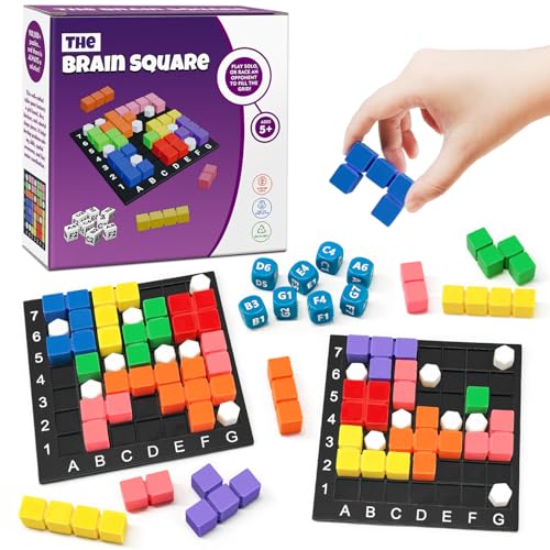STEM Puzzle Game The Brain Square 2.0 with 10,000,000+ Solutions Pattern Matching Blocks Brain Teaser Toy Roll Dice & Race Your Opponent to Fill Grid for Kids 5+ Back to School Birthday Gift(Hard) - color: Hard_2 Players