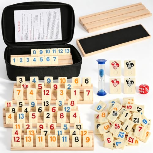 Rummy Cube Game 6 Players with 160 Rummy Tiles, 6 Wooden Racks, Rummy Travel Game Set with Zippered Case, Hourglass and Dice, Classic Family Board Game for Adults Kids