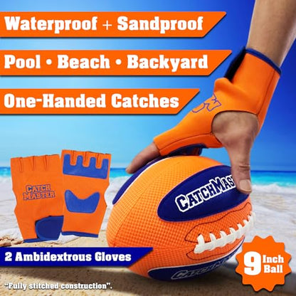 CatchMaster Water Football Set – Pool & Beach Easy Catch Hook and Loop Ball + 2 Gloves, Waterproof Outdoor Backyard Game