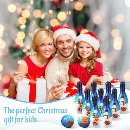 Libima 12 Pcs Christmas Bowling Set Santa Claus Snowman Bowling Set 10 Soft Foam Bowling Pins 2 Bowling Balls Set Toy Bowling Set for Game Indoor Outdoor Xmas Party Supplies - color: Blue, style: Snow