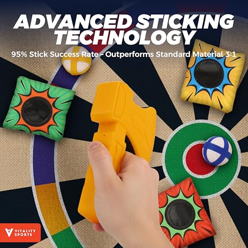 Vitality Sports 4-in-1 Sport Game with Stand - Golf Target Battle Games with Putting Mat, 12 Sticky Balls, 6 Axes, 2 Soccer Balls, 8 Bean Bags, Axe Throwing Game for Backyard