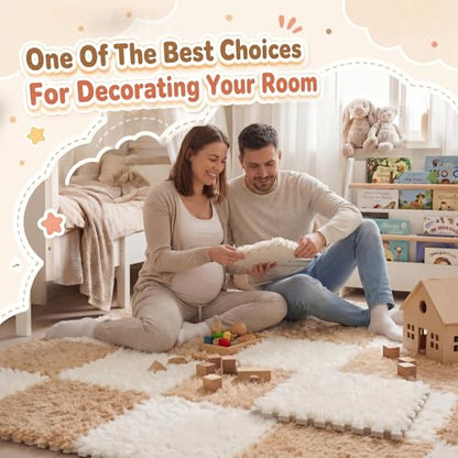 16 Pcs Beige Camel Faux Fur Floor Tiles, 11.8 x 11.8 in Puzzle Girls Play Soft Tiles, 1.5 Inch Shaggy Square, EVA Foam Floor Mat for Nursery, Playroom, Bedroom, Toddler Room, Daycare - color: Beige Camel