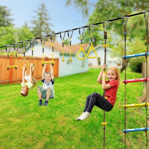 Ninja Warrior Obstacle Course for Kids,Fast-Setup Buckles—Up to 880 lbs,2x65ft Slack Lines for Backyard with with 14 Ninja Accessories-Swing Seat,Tree Swing,Rope Ladder,Ninja Ring,Arm Trainer - size: 14 Obstacles