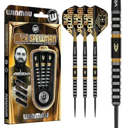 Winmau Professional Player - Alex Spellman Series - 90% Tungsten Darts Set with Dart Flights and Dart Shafts (Stems) - Available in Soft Tip 18g Barrel/20g Full Weight and Darts Metal Tip 22g & 24g - size: 24G - Steel Tip