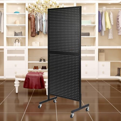 Eastern Tree Metal Pegboard Display Stand 2'x 5'with 30 Hooks, Pegboard Panels Display with Wheels, Peg Board Display Rack, Standing Pegboard Display- Black - color: Black