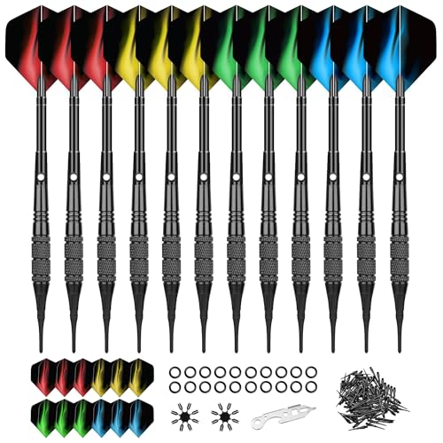Soft Tip Darts Set 18g, 12 Pack with 100 Tips and 24 Flights | 12 soft tip darts, 18g weight, aluminum shafts, knurled barrels, 100 spare tips, 24 flights, for electronic dartboards