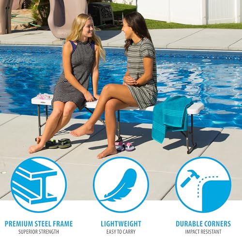 LIFETIME Portable Folding Bench, 6‑Foot Fold‑in‑Half, UV‑Resistant Seat, Powder‑Coated Steel Frame, Lightweight, Stain‑Resistant, Non‑Marring Foot Caps, Indoor/Outdoor Portable Seating