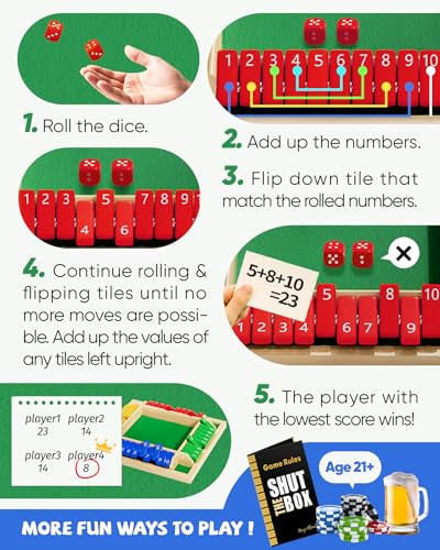 Flybean 12" Upgraded Shut The Box Game Colorful 1-4 Players, Math Dice Board Games for Family Night Travel, Easy Quick and Fun, Wooden Close The Box Number Game for Group Adult Senior Kids - style: 1-4P Upgraded