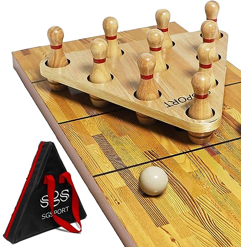 Shuffleboard Bowling Pin Set with 10 Pcs Premium Hardwood Bowling Pins Durabel Triangular Pinsetter Resin Bowling Ball and Carrying Bag, Fun for Shuffleboard Games - color: Nature-Red