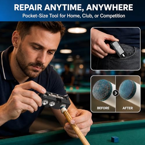 11-in-1 Cue Tip Shaper, Billiards Pool Cue Repair & Replacement Kit | 11 tools in one, shapes tips, removes mushrooming, sands, holds glue, replacement tips included, compact case