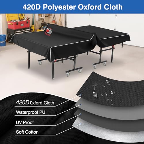 PingPong Table Cover 420D Oxford Fabric with Cotton Lining, Waterproof PU Coating, Sunproof & All-Weather Protection, Universal Fit for 9x5 FT Indoor/Outdoor Folding & Flat Tables