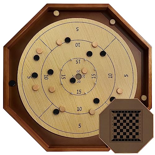 30 Inch Tournament Crokinole Board Game, 2 in 1 Crokinole and Checkers with 26” Playing Surface, Metal Pegs, Wooden Octagon Canadian Tabletop Board Game Krokinole for Families and Friends - color: Yellow