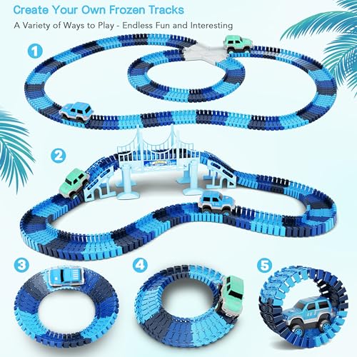 Track Car Toys, 269 PCS Racing Tracks Toy, Create A Frozen World Race Road, Flexible Tracks Playset & 2 PCS Cool Race Cars, Toddler Toys Birthday Gifts for Age 3 4 5 6 Year Old Boys Girls - color: Blue