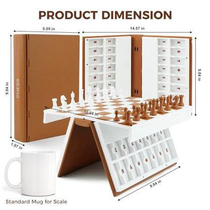 3D Printed Chess Set, Foldable Book Chess Set with Magnetic Pieces and Built-in Space, Bookshelf Board Game for Adults and Families