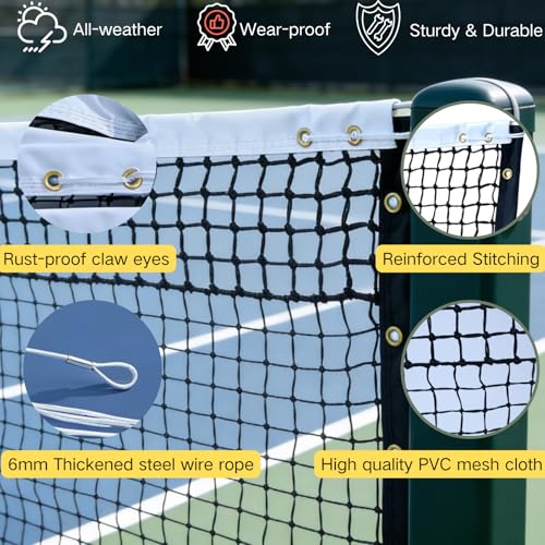 Professional Tennis Net 42ft x 3.5ft – Machine-Woven Double Layer, 3.0mm Twisted PE, 4.5cm Mesh, UV/Waterproof, 6mm Steel Cable – Complete Kit for Court, Backyard or Driveway