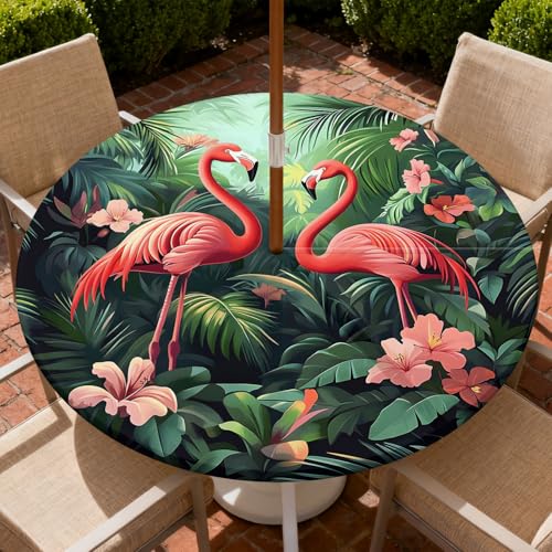 Round Outdoor Tablecloth with Umbrella Hole, Zippered Fitted Tablecloth with Elastic Edge, Waterproof Table Cloth Cover for Picnic Party Fits 37"-44" Round Table, Flamingo - color: Flamingo, size: 44" (Round)