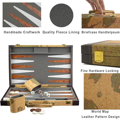 Backgammon, Backgammon Sets for Adults, 15" Leather Travel Backgammon Sets - Classic Board Game (World Map Design) - color: Map
