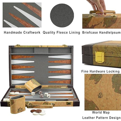 Backgammon, Backgammon Sets for Adults, 15" Leather Travel Backgammon Sets - Classic Board Game (World Map Design) - color: Map
