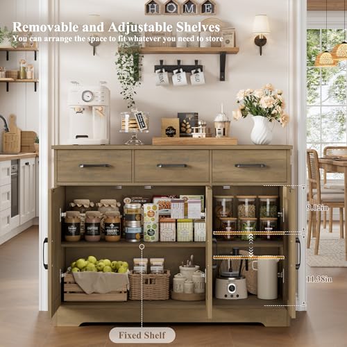HOSTACK Modern Farmhouse Buffet Sideboard Cabinet, Barn Doors Storage Cabinet with Drawers and Shelves, Wood Coffee Bar Station for Dining Room, Kitchen, Living Room, Rustic Brown - color: Rustic Brown