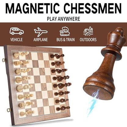 AMEROUS 17'' Magnetic Wooden Chess Set for Adults Kids - with Folding Board, Gift Package, Pieces Storage Slots, Handmade Pieces,Chess Board Game Set for Tournament Professional Beginner - size: 17 inches