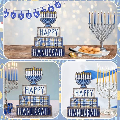 DIYDEC 4Pcs Hanukkah Table Decoration Happy Hanukkah Wooden Block Wooden Menorah Decoration Chanukah Table Centerpiece Sign Jewish New Year Decor for Holiday Gifts Tabletop Fireplace Shelf Desk Party - style: Hanukkah