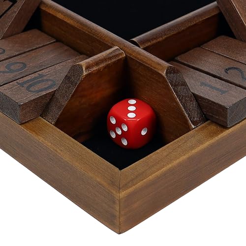 Pacific Shore Games Shut the Box Game 4 Player, Walnut Stained Wood, Dice Games, Wooden Board Games for Adults, 10 Number Tiles, 12 inch Board - color: Walnut