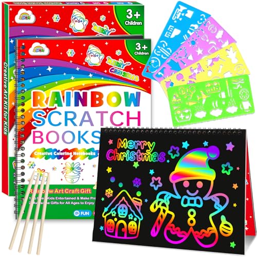 ZMLM Scratch Paper Art Craft: 2 Pack Rainbow Scratch Set for 3 4 5 6 7 8 9 10 Years Old Girls Boys Students Drawing Coloring Black Magic Art Supplies Kits Gifts School Birthday Party Toys(Christmas) - style: Christmas
