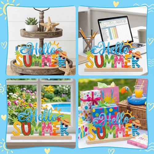 Hello Summer Table Decorations Summer Tropical Metal Table Sign Beach Holiday Tabletop Centerpiece Beach Tiered Tray Decor for Home Kitchen Mantel Party Centerpieces - style: Hello Summer