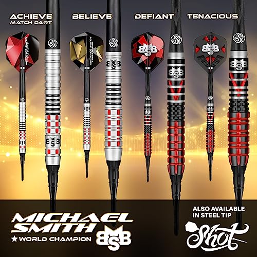Shot! Darts Soft Tip, Michael Smith Believe (18g / 20g), 90% Tungsten Barrel, Front Weighted, Handcrafted Professional Dart Set & Flights Made in New Zealand, Plastic Tip for Electronic Dartboard