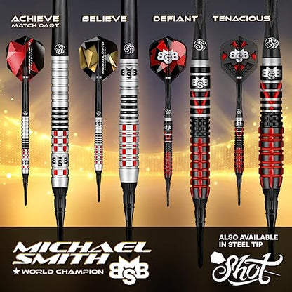 Shot! Darts Soft Tip, Michael Smith Believe (18g / 20g), 90% Tungsten Barrel, Front Weighted, Handcrafted Professional Dart Set & Flights Made in New Zealand, Plastic Tip for Electronic Dartboard