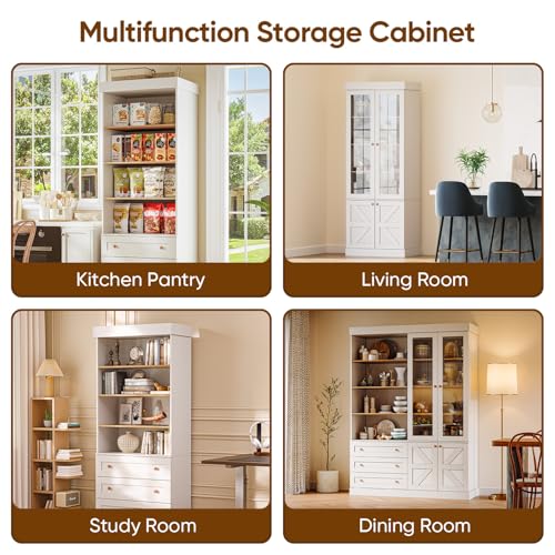 Vyre 71" Tall Farmhouse Bookshelves with Glass Doors and Drawers, Set of 2 – Large Modular Bookcase with Adjustable Shelves, Storage Cabinet for Living Room, Kitchen, White - color: White