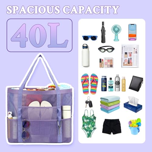 GYEUKHAM Mesh Beach Bag for Women, Sand-Resistant Pool Tote, 9 Pockets (1 Inner Zip), Foldable Family Travel Essentials - color: L-purple