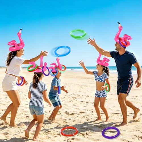 Camlinbo 15 Pcs Inflatable Flamingo Pool Toys Ring Toss Pool Game, Flamingos Luau Party Decor Hawaiian Beach Toys Carnival Outdoor Luau Party Games Supplies for Adults Family