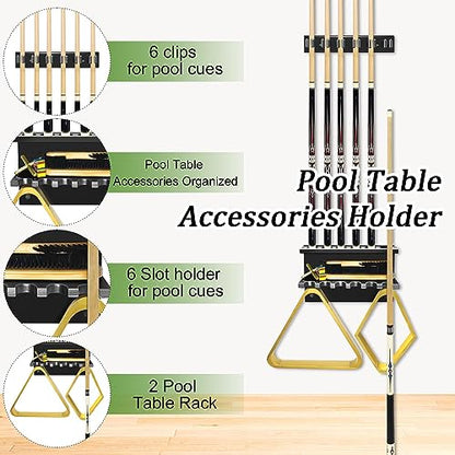Pool Cue Rack Stick Holder, Billiards Pool Cue Rack Wall Mount Hardwood Pool Cue Set Holder for 6 Cues Sticks Storage Pool Table Accessories Equipment Organizer for Game Room Club (Black) - style: Black-W