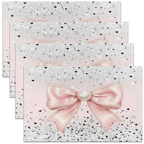 Cute Bowknot Kids Placemats Set of 4,Love Heart Dot Glitter Geometry Table Place Mats,Bow Tie Princess Romantic Kitchen Decor,Black Pink Placemat Kitchen Table Decoration 12"x18" - color: Black Pink