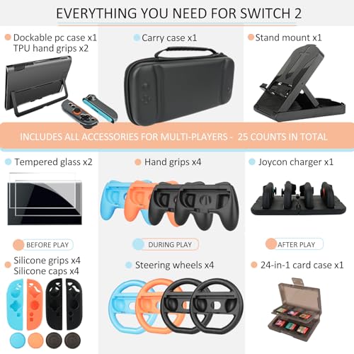 Accessories for Switch 2 - Family Bundle for Nintendo Switch 2,Carry Case,Portable Joy Con Charger,4 Pack Steering Wheels and Hand Grips,Dockable Case Kit,Stand and More
